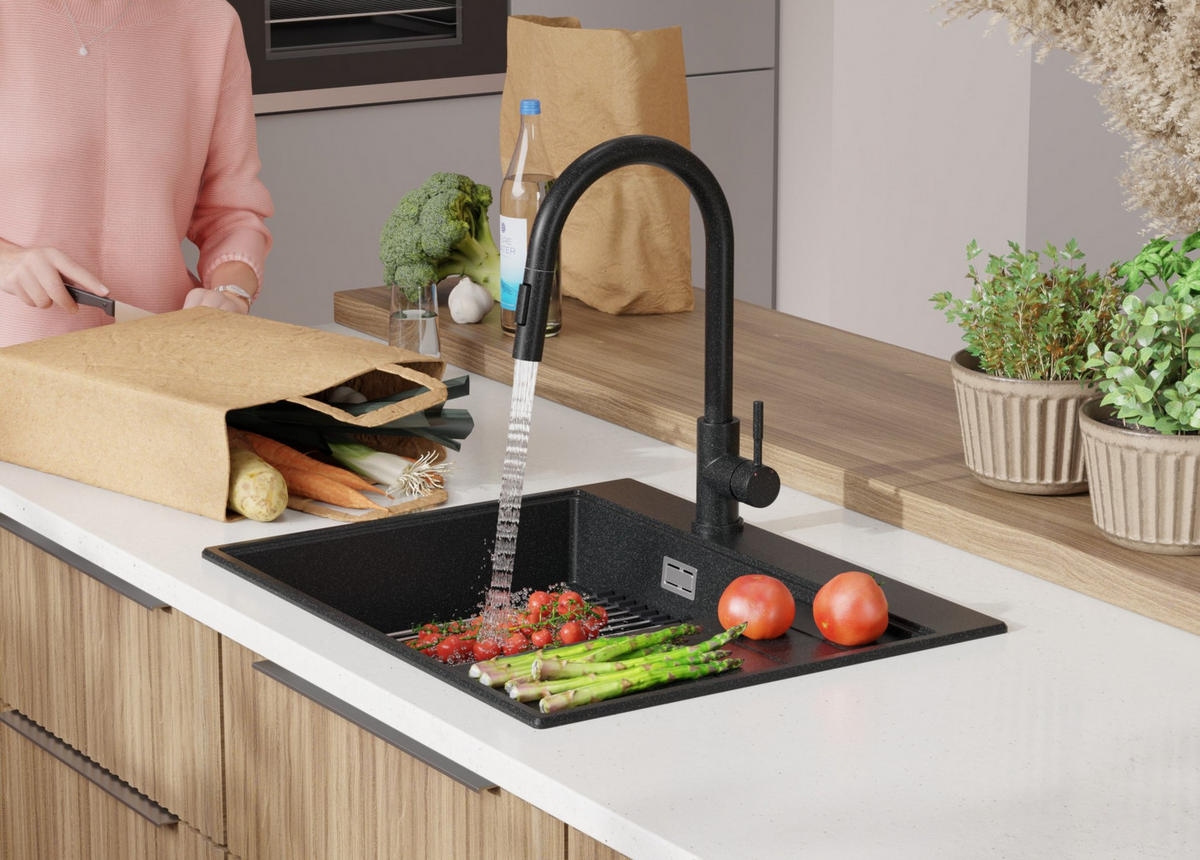 SPÜLBECKEN Sydney, 2-er set Anthrazit 62/50 cm 1 Becken + Ablauf-Set + Küchenzubehörset ab 45er Unterschrank - Chromfarben/Anthrazit, Kunststoff (62/20/50cm) - Primagran