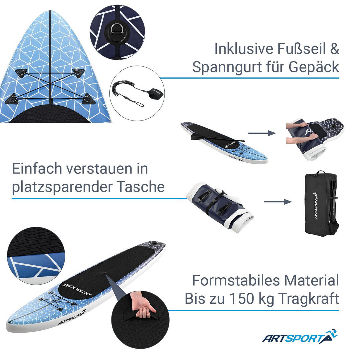STAND UP Paddle Board Deep Ocean aufblasbar mit Tasche & Zubehör - Blau, Kunststoff (320/76.5/15cm) - Artsport