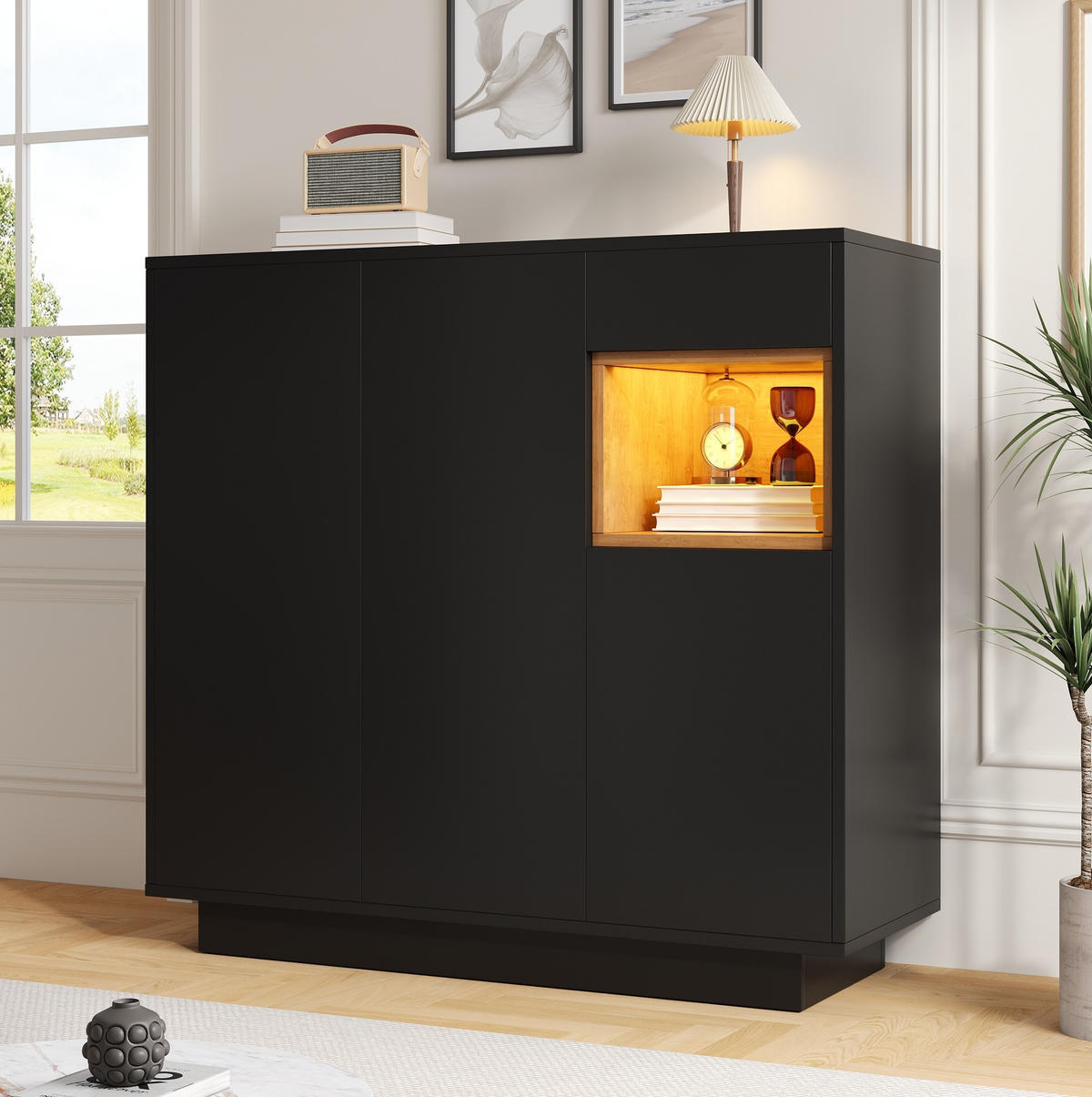 SCHUHSCHRANK aus Spanplatte 105x39,5x100,5cm in Schwarz mit LED-Beleuchtung - Schwarz, Holzwerkstoff (105/100.5/39.5cm) - Modfu