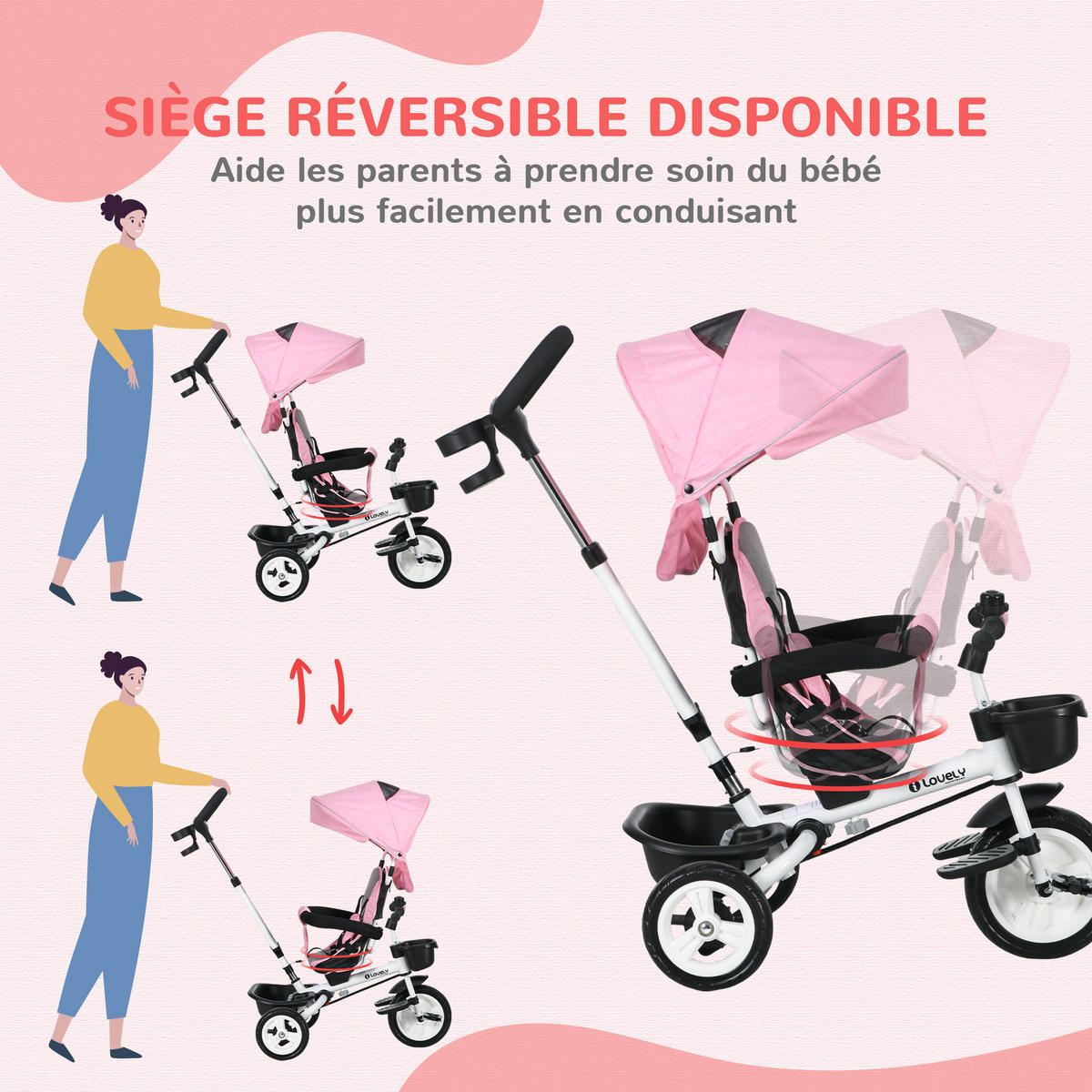DREIRAD DE-18949 6-in-1 mit Schiebegriff & umkehrbarem Sitz Rosa - Pink, Kunststoff (112/50/104cm) - ComfortXL