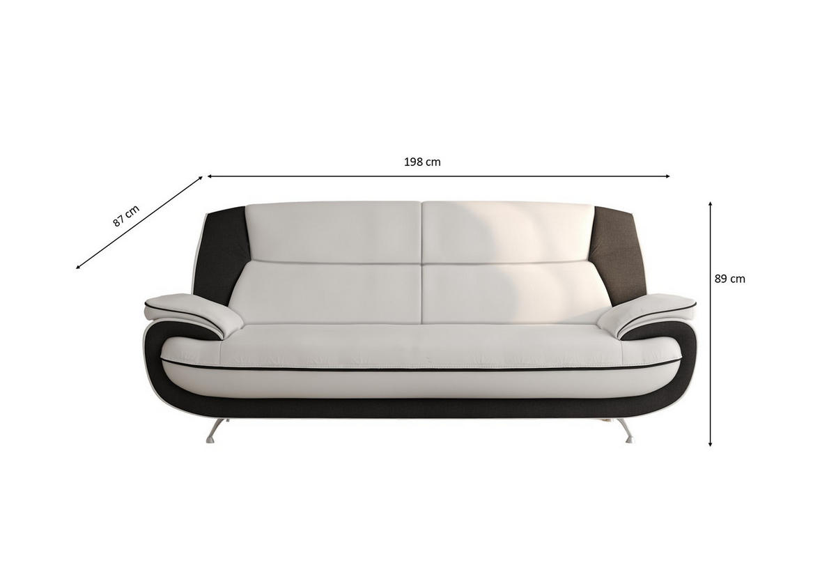 SOFA 3-Sitzer, Stoff Kronos, Weiß + Schwarz, Palermo - Weiß, Holz (198/89/87cm) - Kaiser Möbel