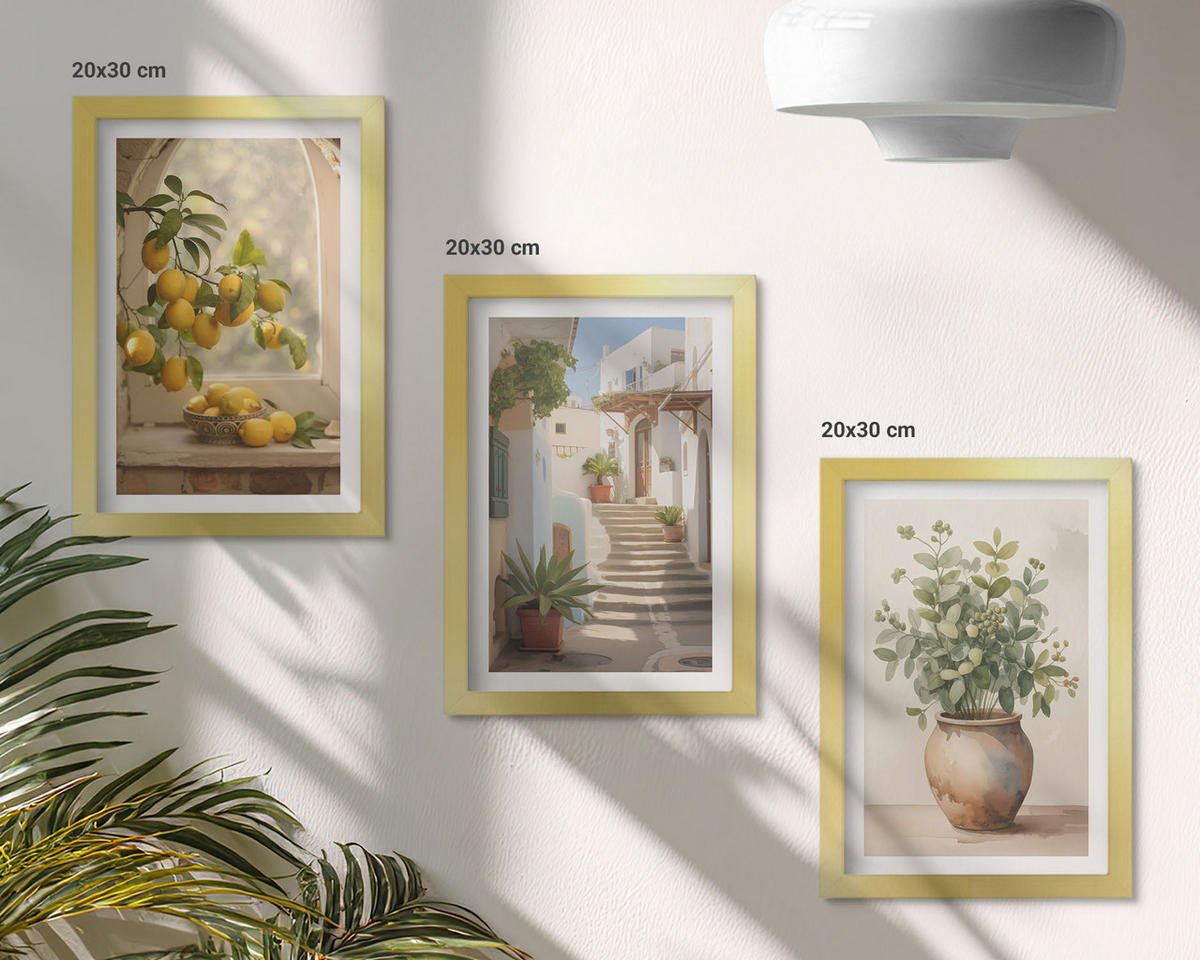 BILDER SET 3er Set - 20x30 cm Goldrahmen - Zitronen in einer Pflanzenvase - Goldfarben, Kunststoff (20/30cm) - TULUP