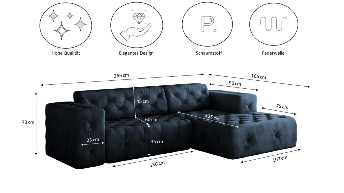 ECKSOFA L-Form Gesteppt LUX Stoff Whisper Rechts Blau - Blau, Holz/Kunststoff (266/165cm) - Kaiser Möbel