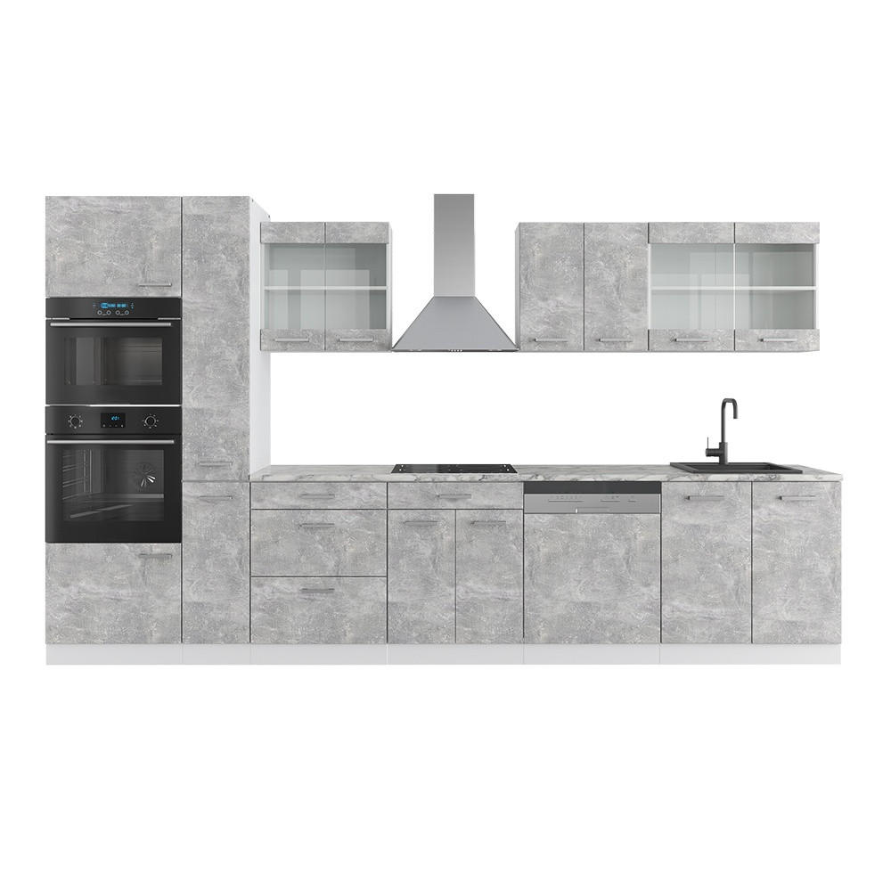 Vicco KUCHYNĚ R-Line Beton/bílá 350 cm s vysokou skříní, s pracovní deskou