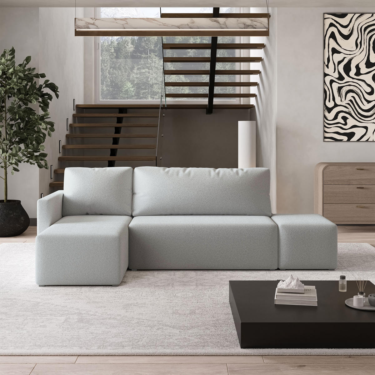 ECKSOFA VELOTTI L-S Hellgrau Boucle-Stoff mit Schlaffunktion - Hellgrau, Holz (261/143cm) - MASSENO