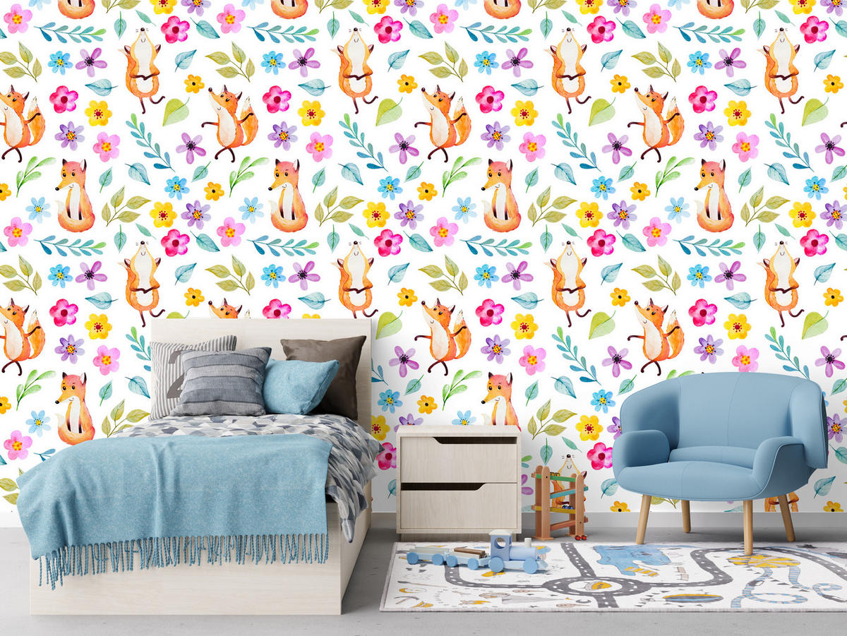 VLIESTAPETE Füchse und Wiesenblumen – Orange, Bunt, Weiß – 50x1000 cm - Multicolor/Orange, Papier (50/1000cm) - Muralo