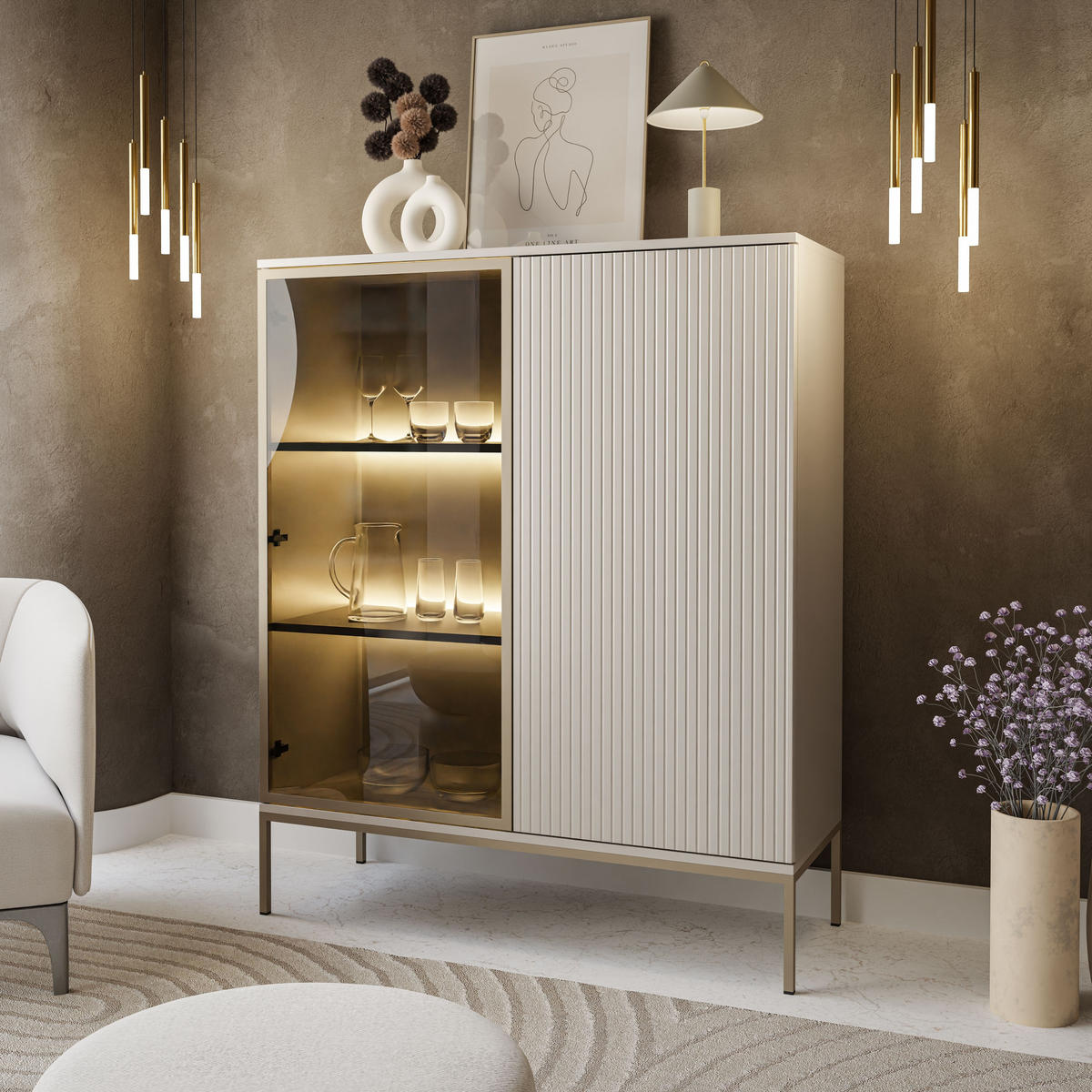 VITRINE ECLIPSE WT104 mit Beleuchtung,KASCHMIR - Kaschmir, Holzwerkstoff (104/126/39cm) - Lookway