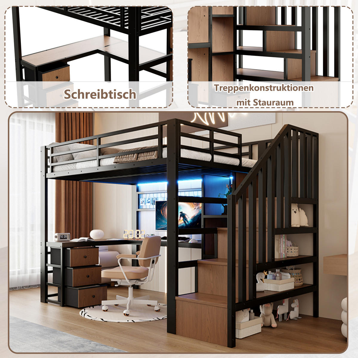 HOCHBETT 90/200 cm in Schwarz Kinderbett mit 4 Schubladen, LED und Schreibtisch - Schwarz, Holzwerkstoff/Metall (90/200cm) - STILVORA