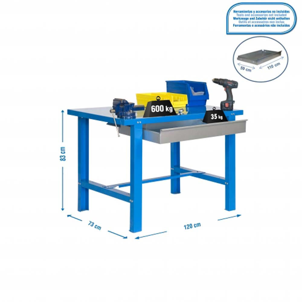 WERKBANK BUFFALO METAL mit Schublade | HxBxT 83x120x73cm | Traglast 600kg | Blau - Blau, Metall (120/83/73cm) - PROREGAL