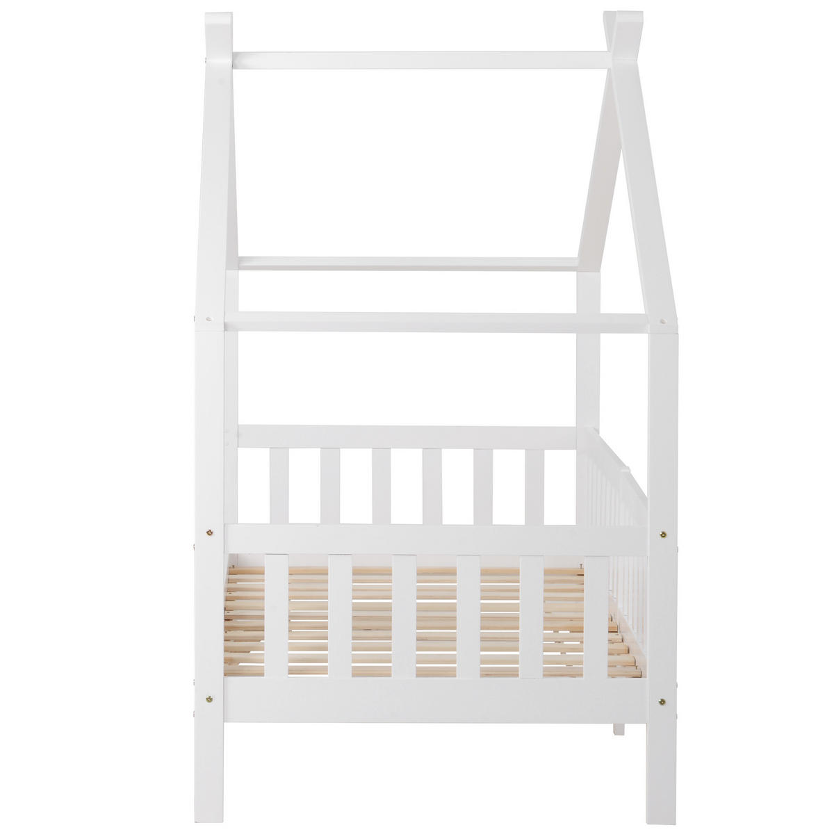 KINDERBETT 90/200 cm mit Lattenrost, Sicherheitszaun und Hausdach, Weiß - Weiß, Holzwerkstoff (90/200cm) - Redom
