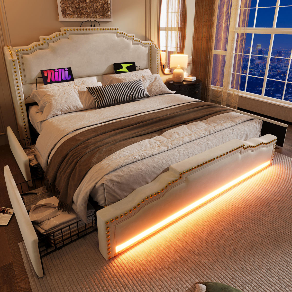 POLSTERBETT 160/200 cm Beige aus Samt mit LED, USB-C und Matratze - Beige, Textil (160/200cm) - OKWISH
