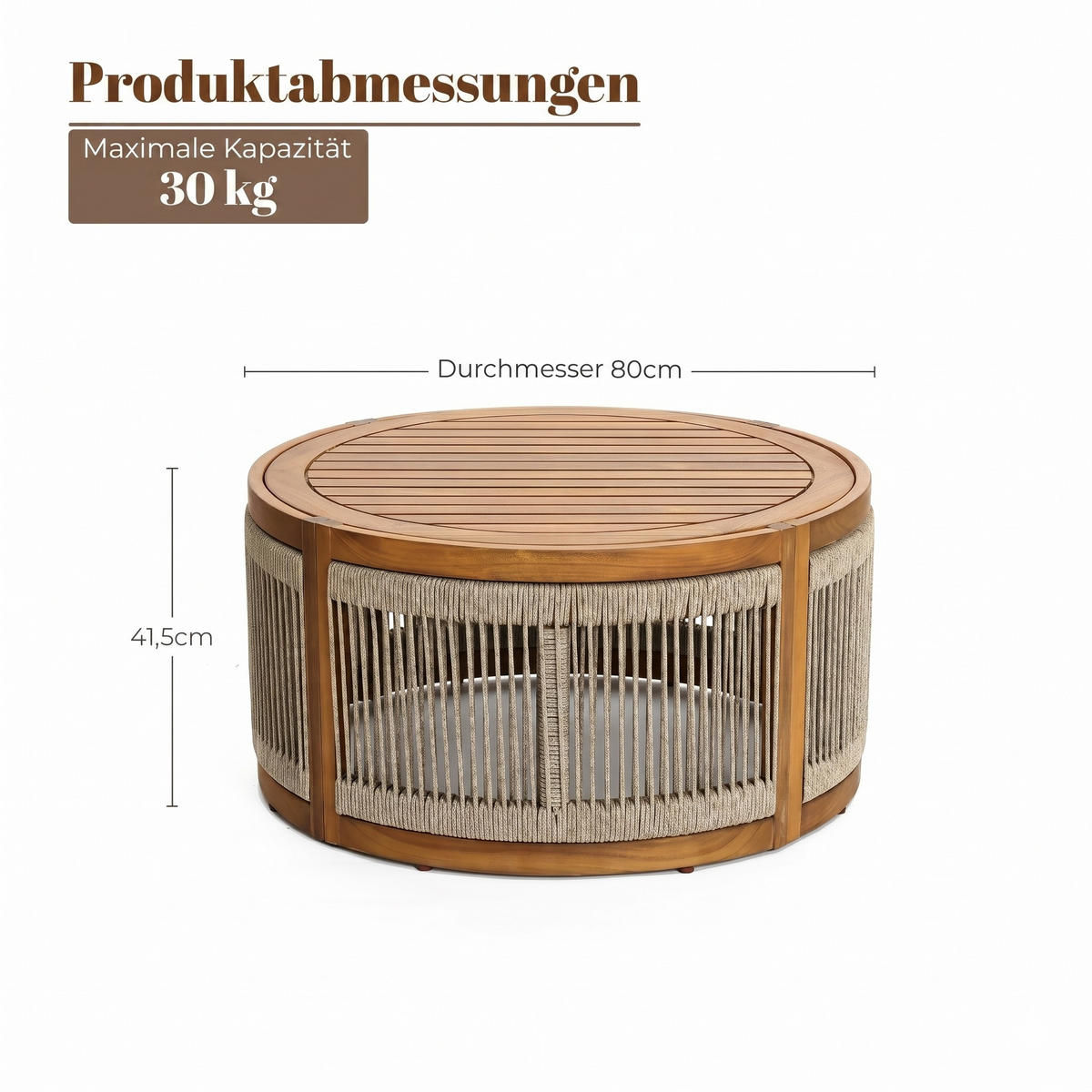 RUNDER Couchtisch Outdoor | Ø80 x H42 cm - Braun, Holz (80/80/41.5cm) - Hometopia