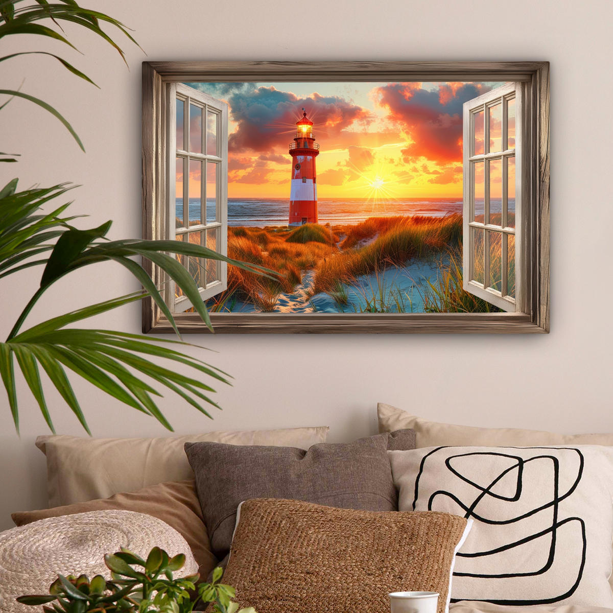 LEINWANDBILD Aussicht - Fenster - Leuchtturm - Sonnenuntergang - Strand Wanddeko 90x60 cm - Dunkelorange, Textil (90/60cm) - MuchoWow