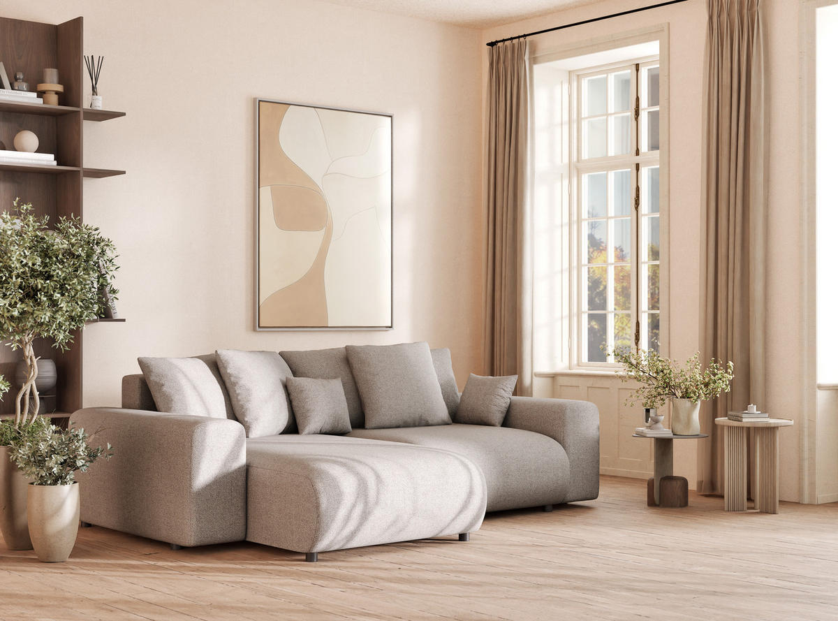 ECKSOFA MIT SCHLAFFUNKTION Solo Beige Webstoff - Beige/Schwarz, Holz/Holzwerkstoff (255/168cm) - Maison de Reve