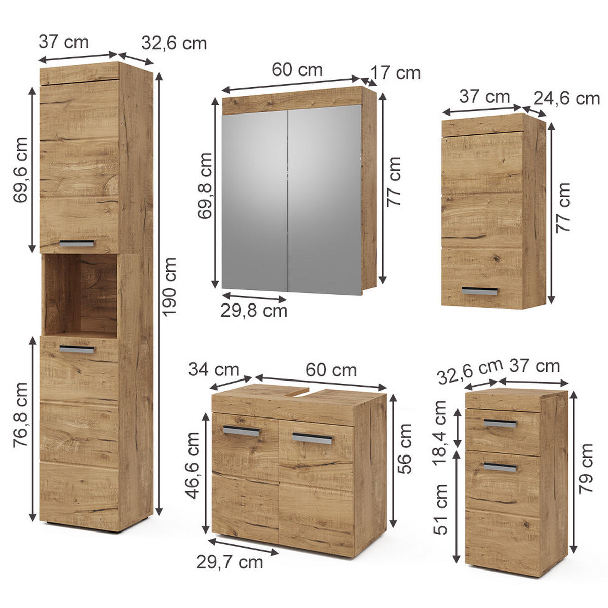 BADMÖBEL-SET Luna Eiche Wotan 5 Teile - Eiche Wotan, Holzwerkstoff (60/56/34cm) - Vicco