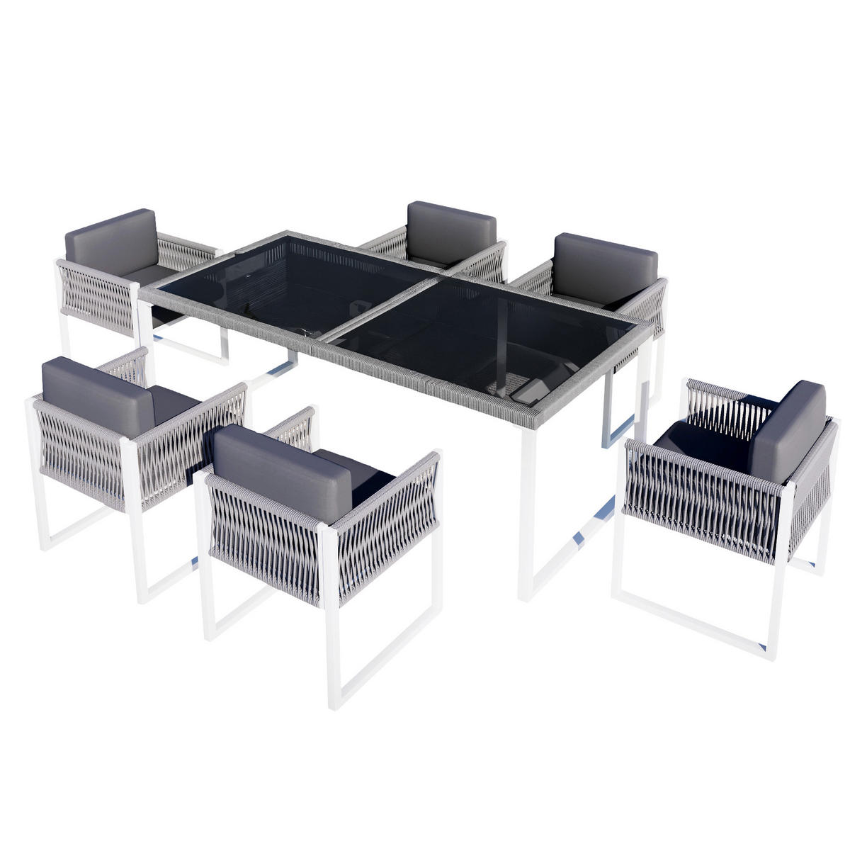 GARTENSET aus Eisen 170x80x75 cm Grau/Weiß mit 6 Stühlen, Glasplatte, verstellbaren Füßen und waschbaren Bezügen - Grau, Metall - Modfu