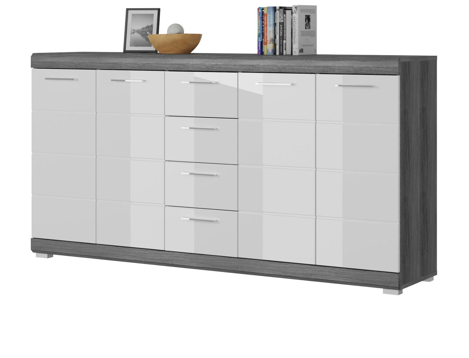 SIDEBOARD weiß Hochglanz und Rauchsilber grau 165 cm, Anrichte 4-türig, 4 Schubladen - Weiß Hochglanz/Silberfarben, Holzwerkstoff/Kunststoff (165/85/37cm) - Inn.Furn