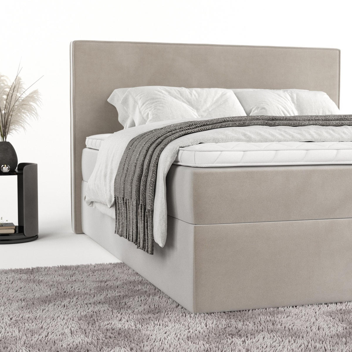 BOXBETT Nuvia 140/200 cm Hellbeige im Paros Stoff - Beige/Schwarz, Holz/Holzwerkstoff (140/200cm) - AltaBeds