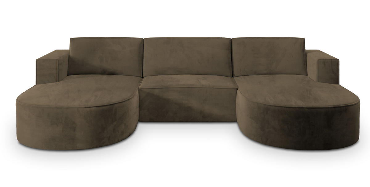 WOHNLANDSCHAFT VEZZO M Beige Velours-Stoff mit Schlaffunktion - Beige, Holz (347/85/174cm) - MASSENO