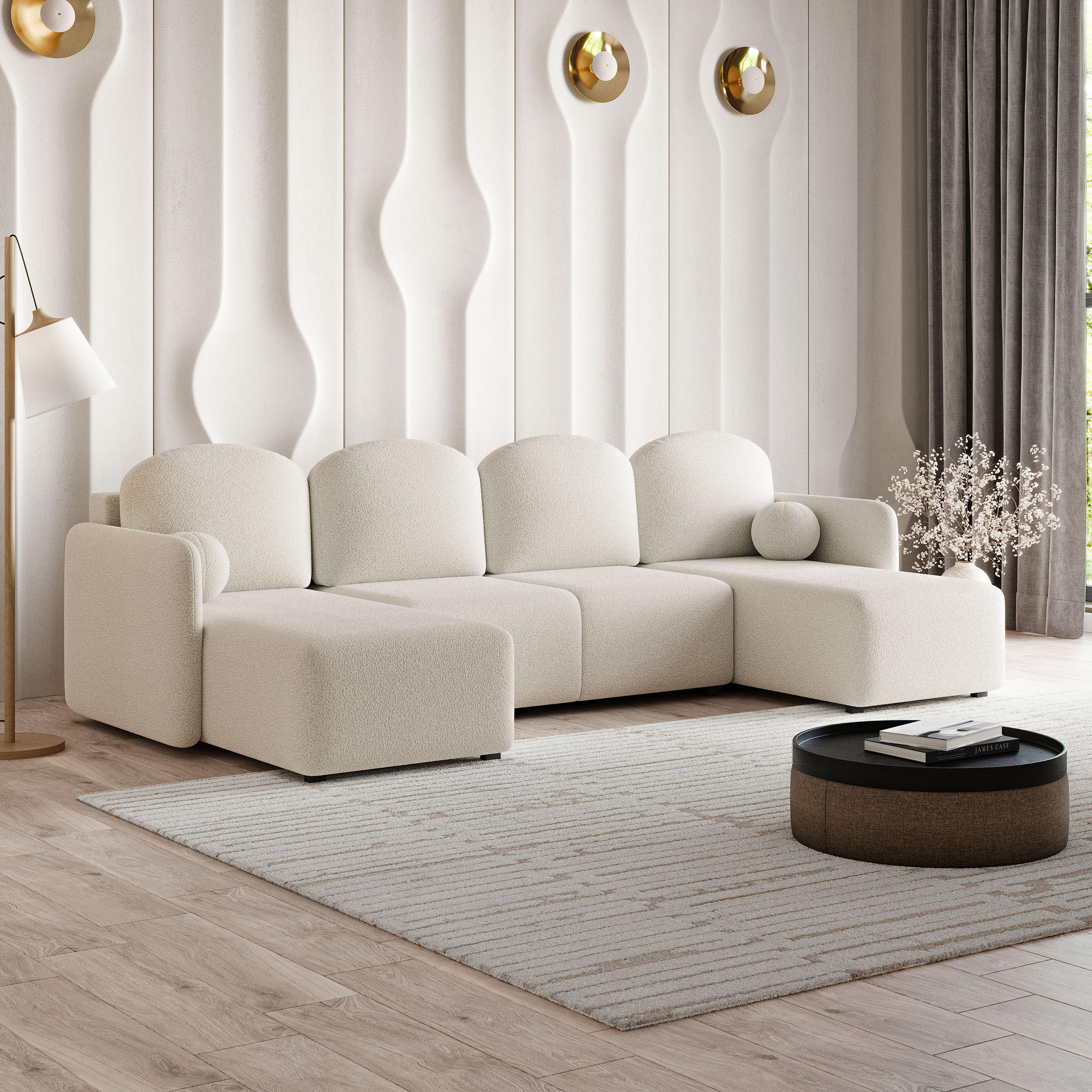 WOHNLANDSCHAFT NUBERO Creme Boucle-Stoff mit Schlaffunktion - Creme, Holz (285/85/143cm) - MASSENO