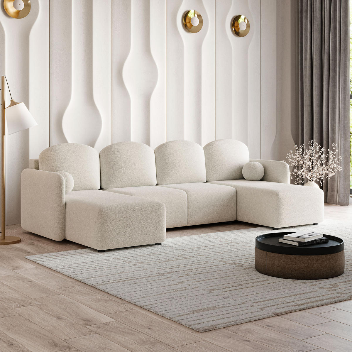 WOHNLANDSCHAFT NUBERO Creme Boucle-Stoff mit Schlaffunktion - Creme, Holz (285/85/143cm) - MASSENO