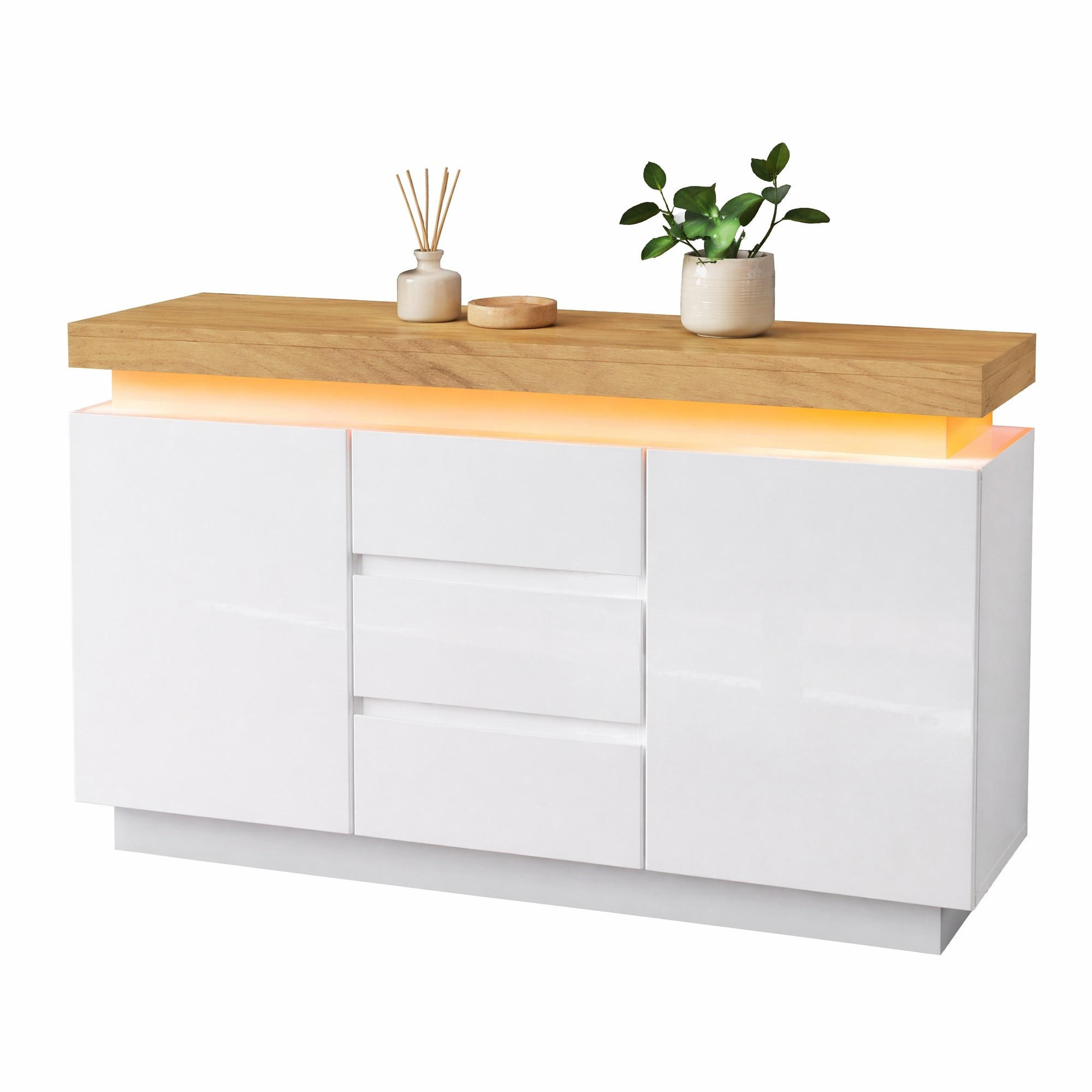 KUCHYŇSKÁ SKŘÍŇ bílá lesklá, zásuvky, LED osvětlení, do obývacího pokoje a ložnice, 140×39×81 cm - bílá, kompozitní dřevo (140/81/39cm) - STILVORA