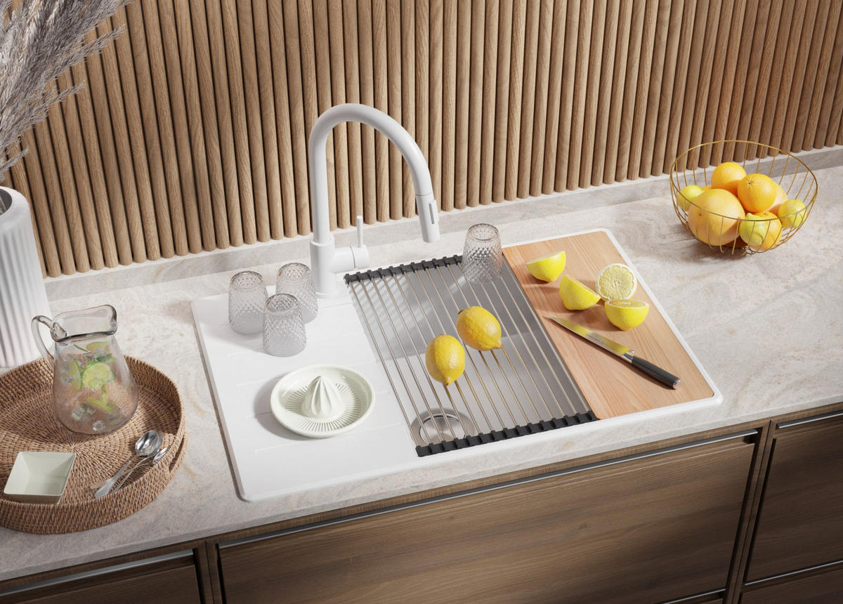 GRANITSPÜLE Kopenhagen, 2-er set Alles Weiß 78/50 cm 1 Becken + Küchenarmatur 40/20 cm + Ablauf-Set + Schneidebrett ab 60er Unterschrank - Beige/Weiß, Kunststoff (78/20/50cm) - Primagran