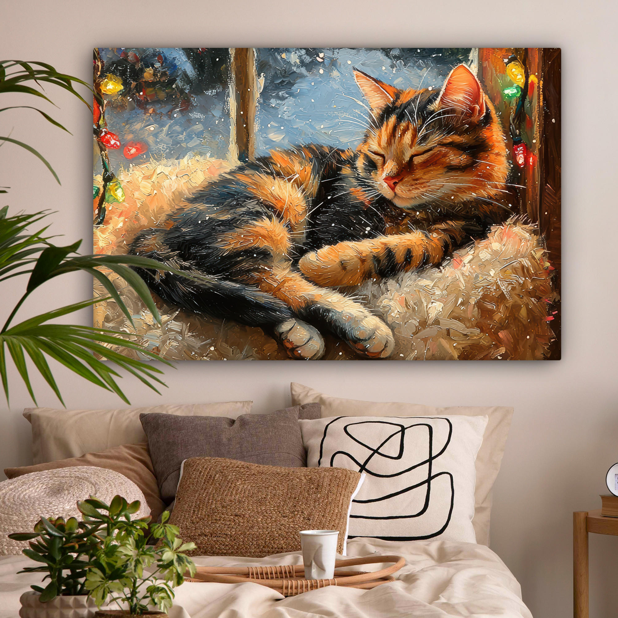 LEINWANDBILD Katze - Weihnachten - Winter - Tier Groß 140x90 cm - Bernsteinfarben, Textil (140/90cm) - MuchoWow
