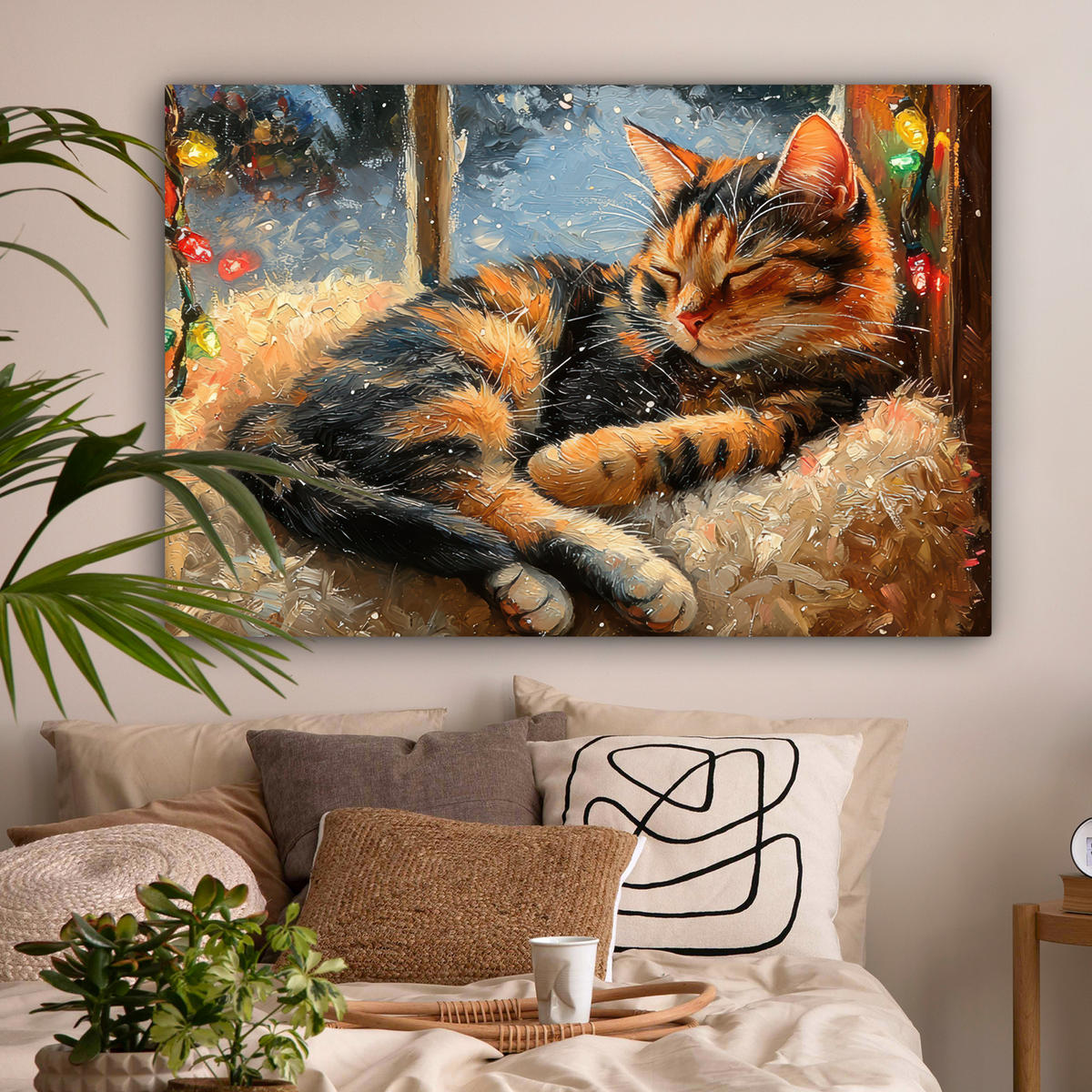 LEINWANDBILD Katze - Weihnachten - Winter - Tier Groß 140x90 cm - Bernsteinfarben, Textil (140/90cm) - MuchoWow