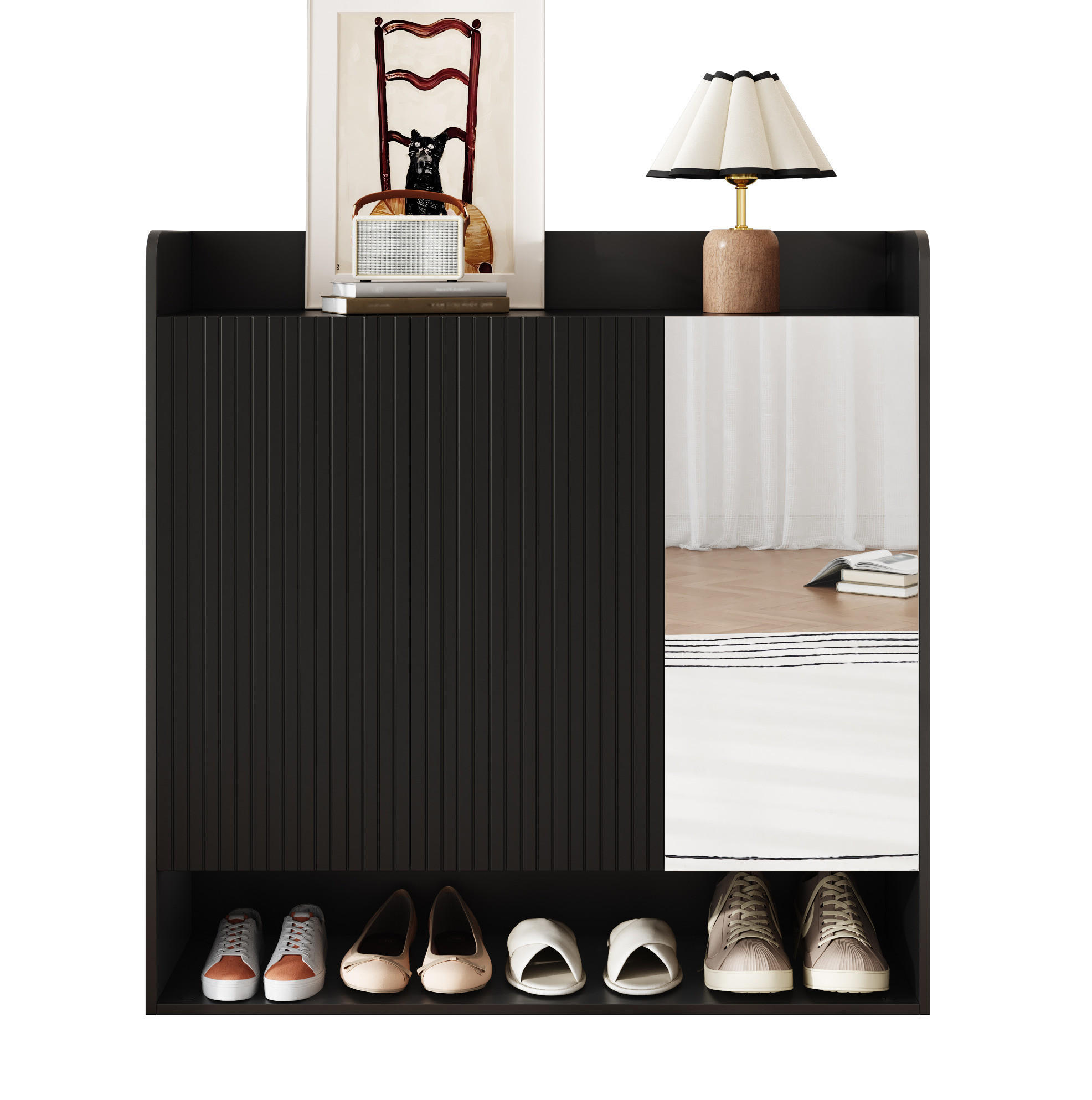 SCHUHSCHRANK 110/35,5/110 cm in Schwarz mit Spiegel und verstellbaren Einlegeböden - Schwarz, Holzwerkstoff (110/110/35.5cm) - Flora Grace