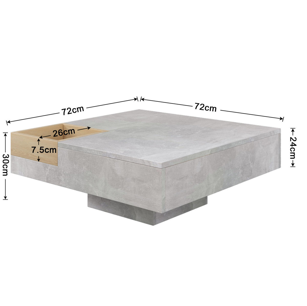 COUCHTISCH 72/72/30 cm in Betongrau mit herausnehmbarer Aufbewahrungsbox - Grau, Holzwerkstoff (72/72/30cm) - Flora Grace