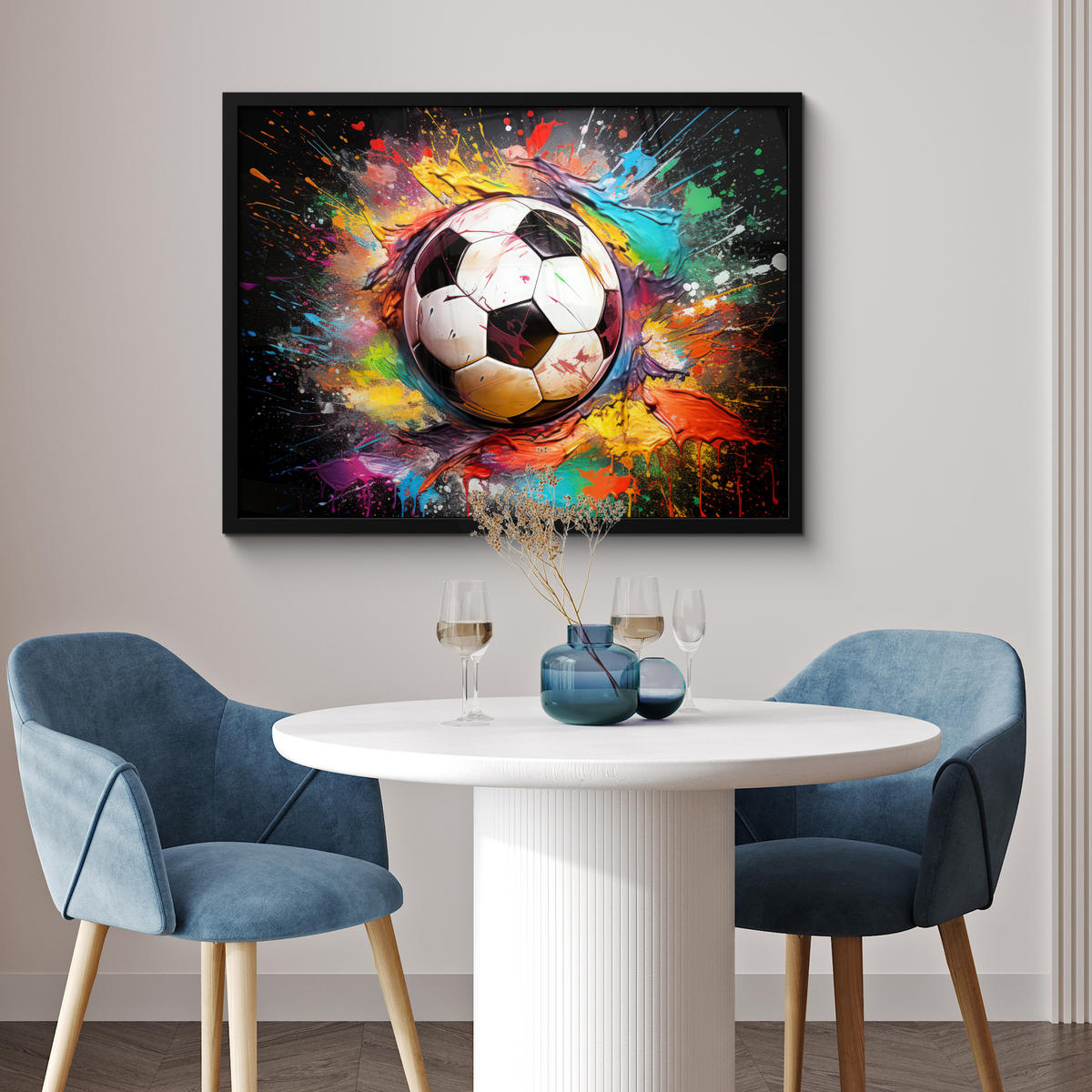 POSTER MIT RAHMEN Fußball - Farbe - Farben - Schwarz - Weiß 80x60 cm - Weiß, Papier (80/60cm) - MuchoWow