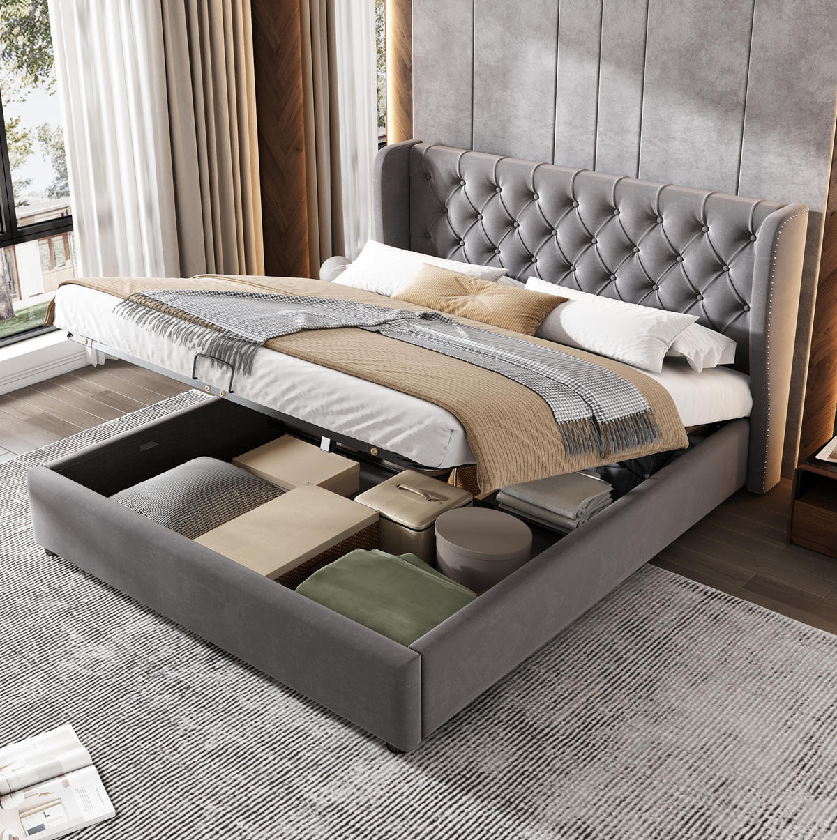POLSTERBETT mit Bettkasten 140x200 cm Samt Grey - Grau, Metall (140/200cm) - Meubliv