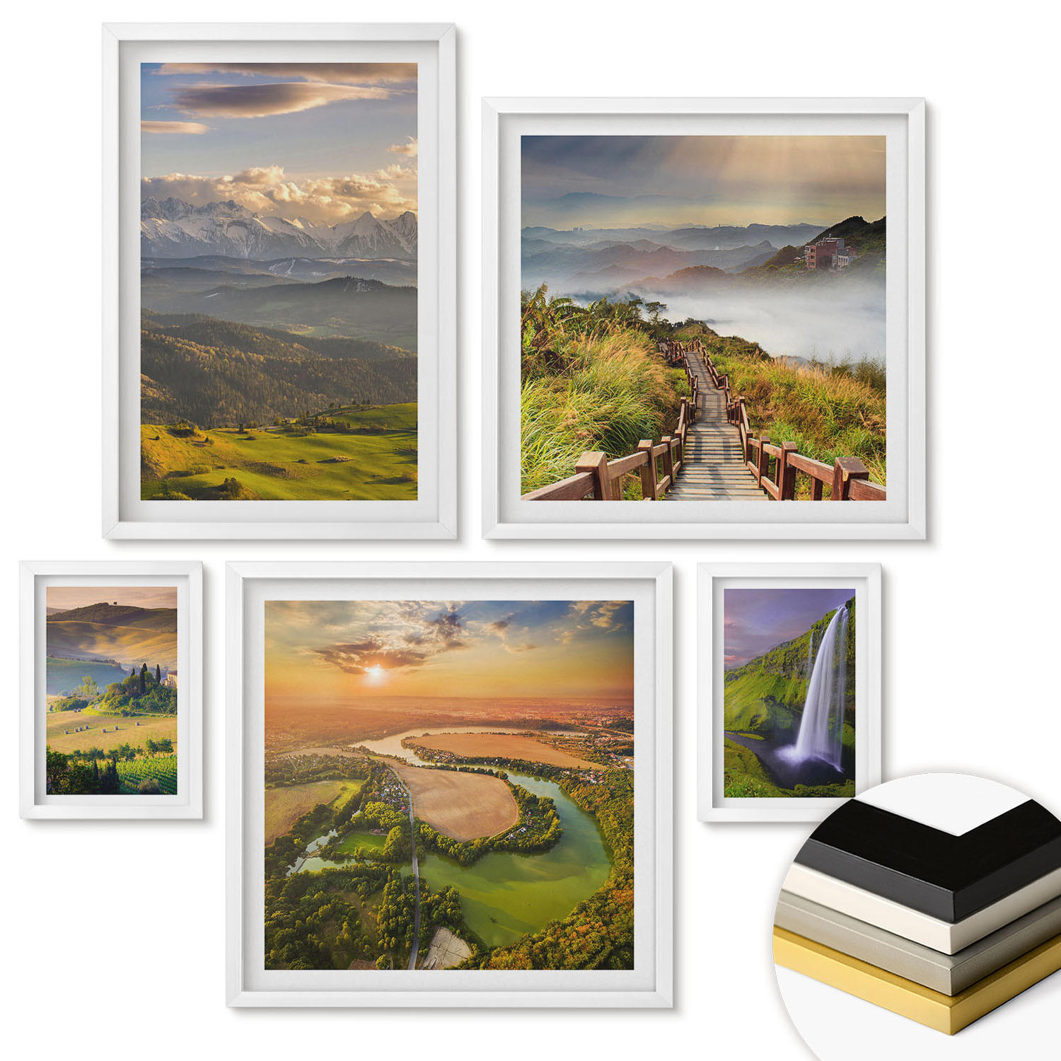 WANDBILDER 5er-Set - 50x50 cm & 20x30 cm & 40x60 cm Weißer Rahmen - Grüne Hügel mit einer Burg - Weiß, Kunststoff (40/60cm) - ArtPrintCave