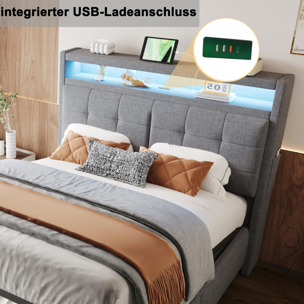 POLSTERBETT 140/200 cm grau mit LED-Beleuchtung und USB-Steckdose, Kopfteil mit Ablagen - Grau, Textil (140/200cm) - OKWISH