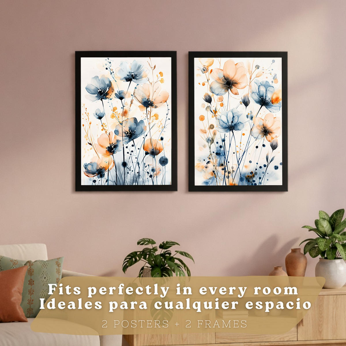 PLAKAT Sada 2 Modro-oranžový květ A3 Černý rám - černá, papír (29.7/1/42cm) - Nacnic