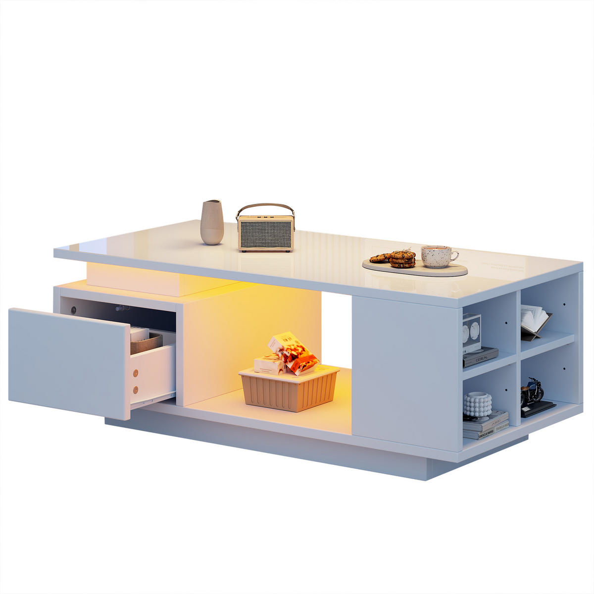 COUCHTISCH LED Weiß 100/50/36 cm mit Schublade - Weiß, Holzwerkstoff (100/50/36cm)