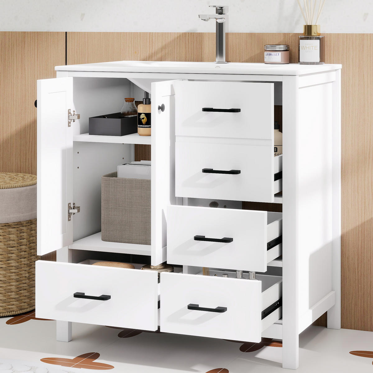 WASCHTISCHKOMBI 76/46/82 cm Weiß mit 4 Schubladen, ohne Wasserhahn - Schwarz/Weiß, Holz/Holzwerkstoff (46/82/76cm) - Oxeza