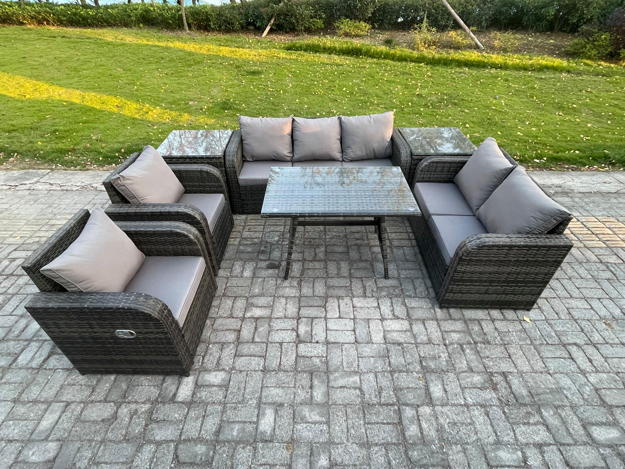 GARTENMÖBEL SET Polyrattan Dunkelgrau 7-Sitzer - Dunkelgrau/Grau, Glas/Kunststoff - Fimous