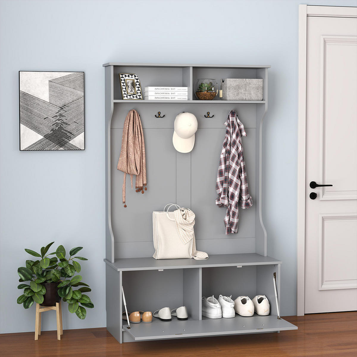GARDEROBENSTÄNDER mit Sitzbank grau - Grau, Holzwerkstoff (100/160/39cm) - COSTWAY