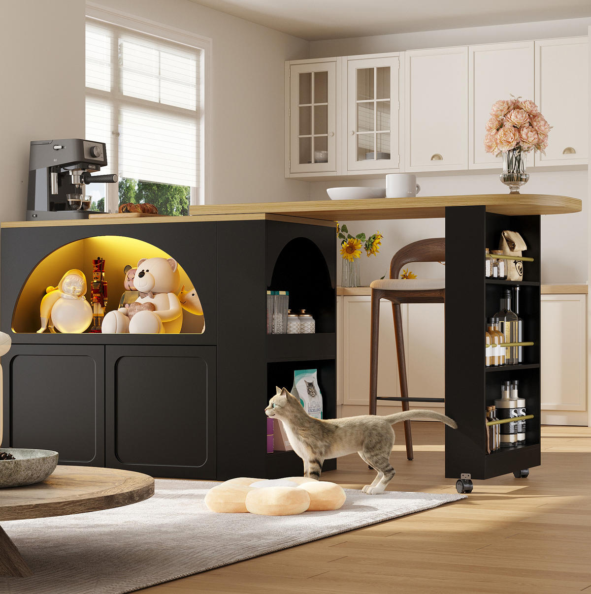 AUSZIEHBARER Bartisch MDF mit Stauraum & LED, 135-205/39/100 cm, Schwarz - Schwarz, Holzwerkstoff (39/100/135cm) - Redom