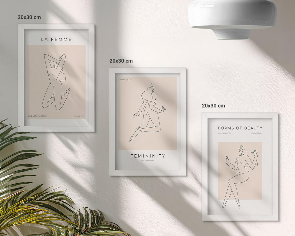 BILDER SET 3er Set - 20x30 cm Weißer Rahmen - Poster mit minimalistischen Frauensilhouetten - Weiß, Kunststoff (20/30cm) - TULUP