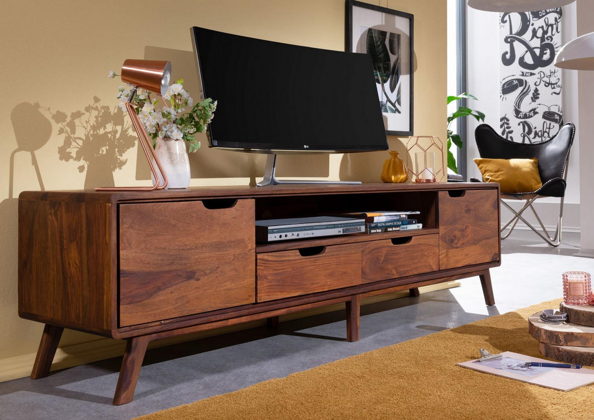 TV-BOARD Sheesham 180x40x48 walnuss gewachst MALMÖ 2 #121 - Dunkelbraun, Holz (180/48/40cm) - Massivmoebel24