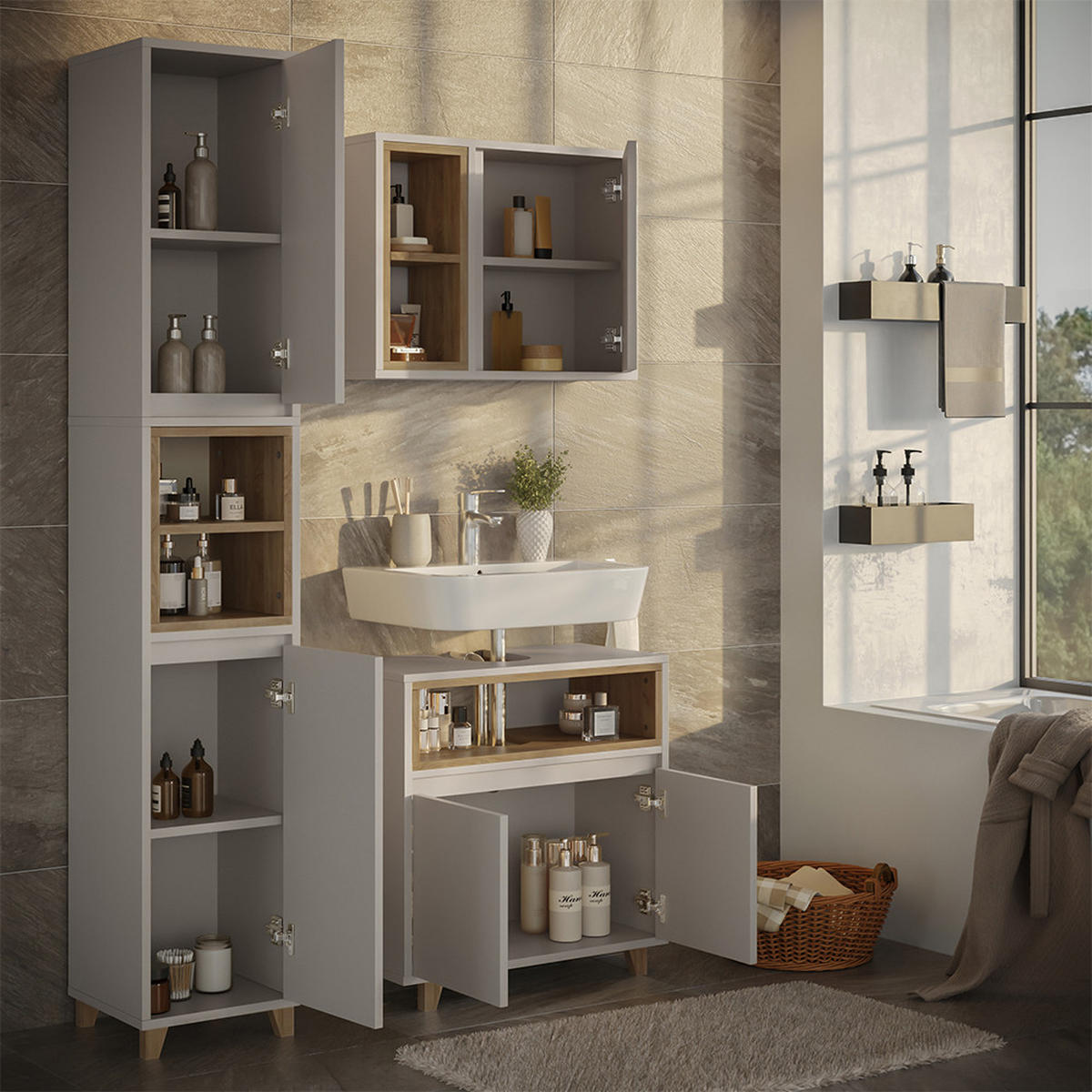 BADMÖBEL-SET Elnor Greige 3 Teile mit Hochschrank - Greige, Holzwerkstoff (60/61/30cm) - Vicco