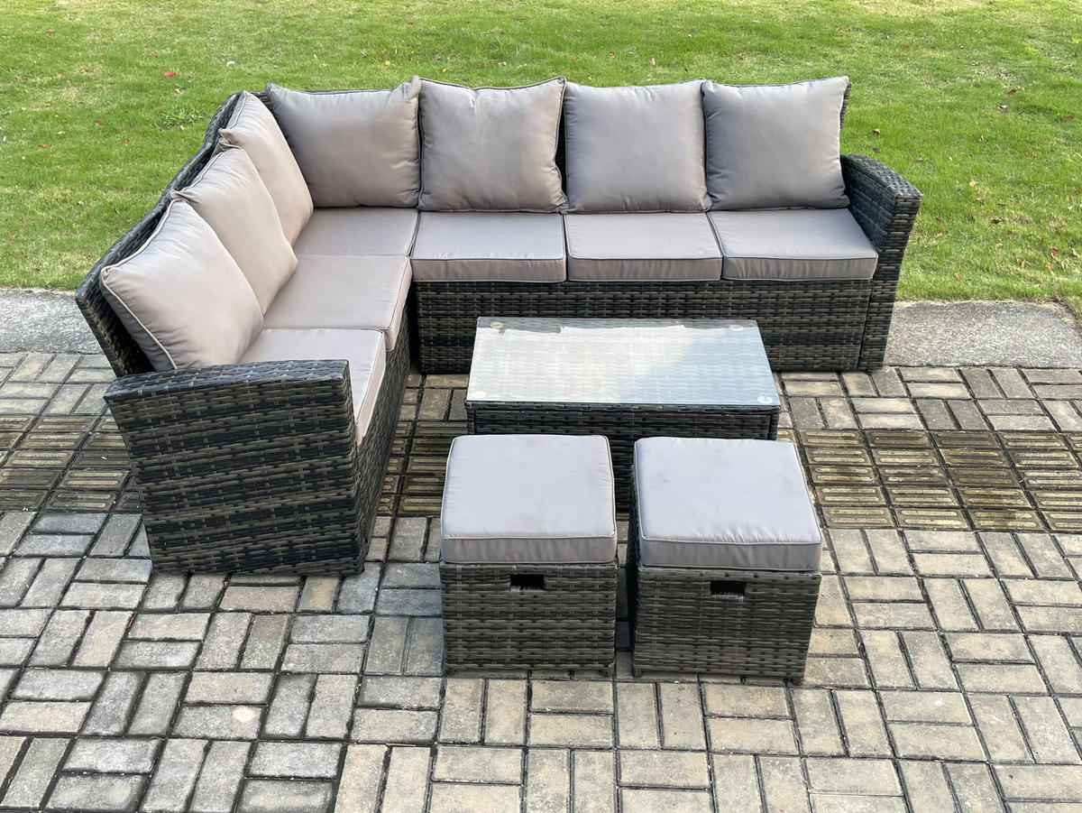 LOUNGEMÖBEL-SETS mit Couchtisch Sofa Polyrattan Dunkelgrau 8-Sitzer - Dunkelgrau/Grau, Glas/Kunststoff - Fimous