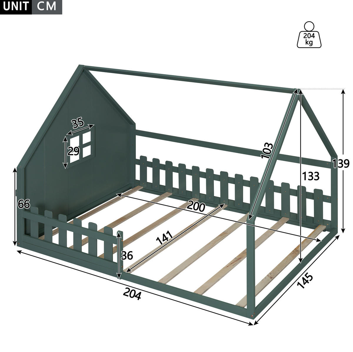 DJEČJI krevet 140/200 cm zeleni od borovine i MDF-a s kućastim okvirom i ogradom - zelena, drvo (140/200cm) - OKWISH