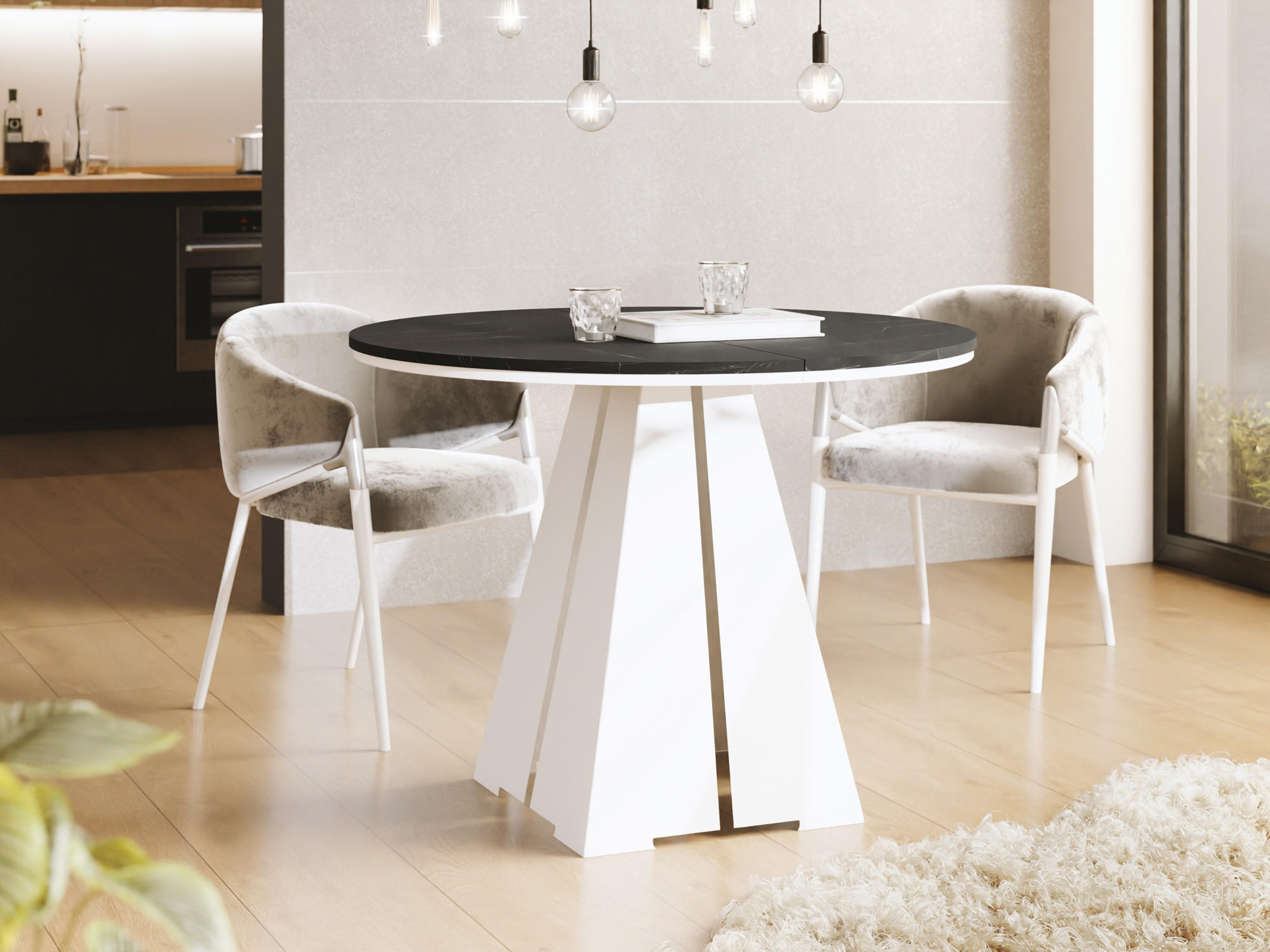 ESSTISCH Kova runder ausziehbarer, Marmor Schwarz 120-200/120/76 cm - Anthrazit/Weiß, Holzwerkstoff/Metall (120/120/76cm) - WFL GROUP