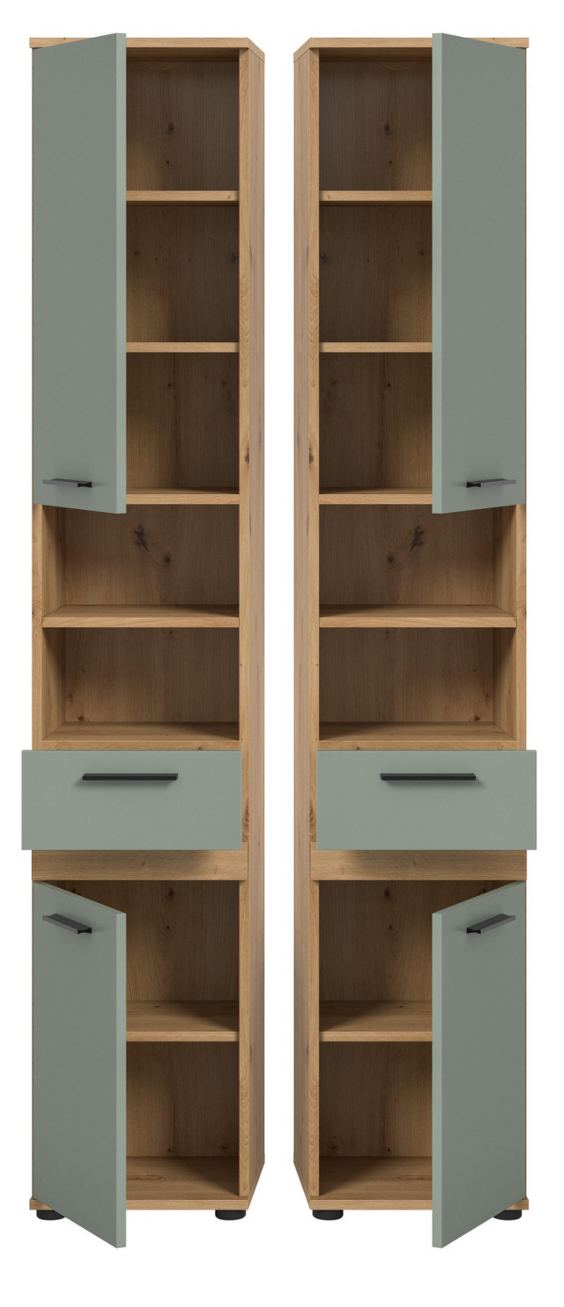 HOCHSCHRANK Salbei, Artisan Eiche 35 x 191 cm, Badschrank mit vielen Fächern - Salbeigrün/Schwarz, Holzwerkstoff/Kunststoff (35/191/31cm) - Inn.Furn