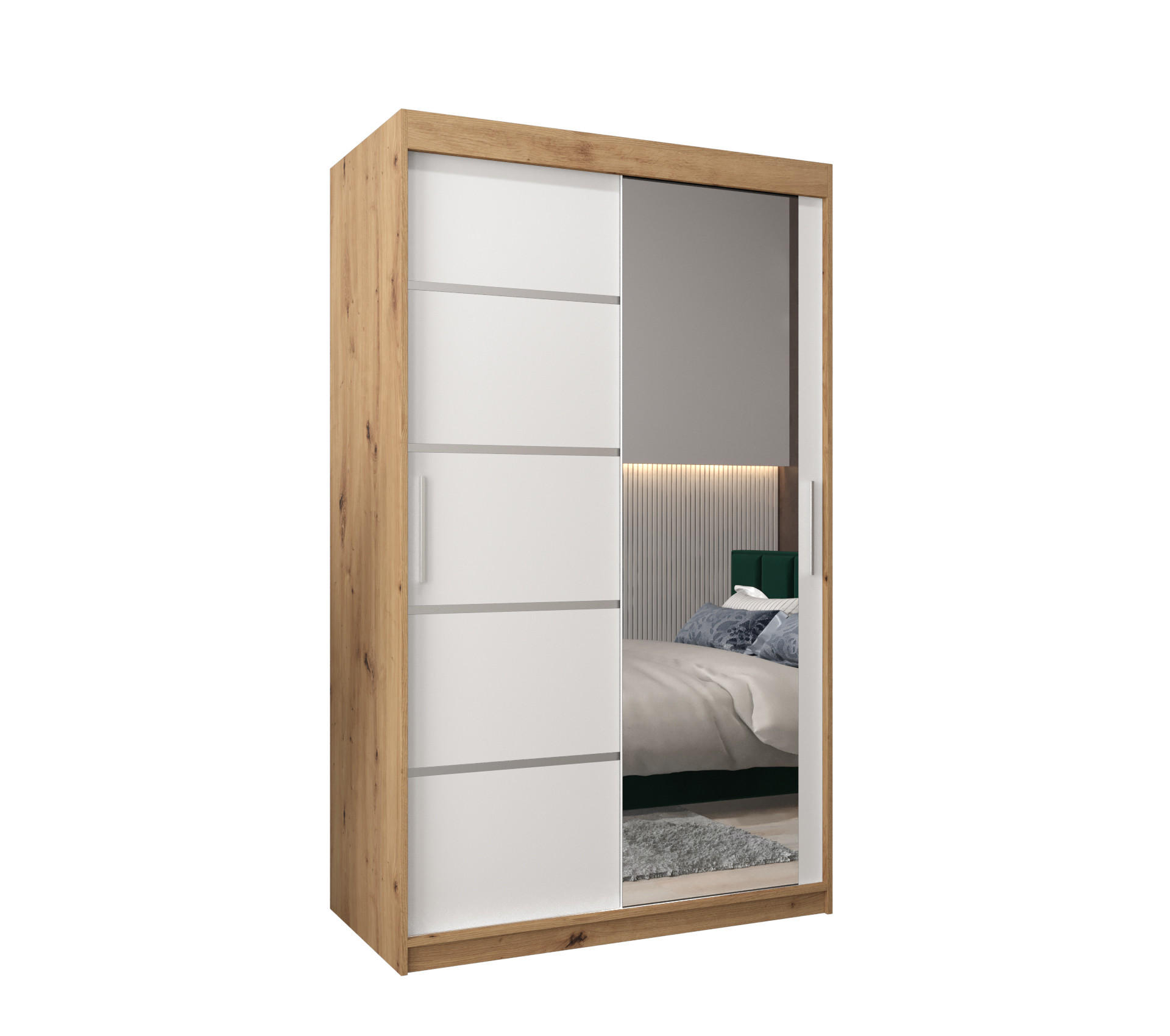 Abiks Möbel Schwebetürenschrank Eiche Artisan, Weiß, Silber 120x200x62 cm