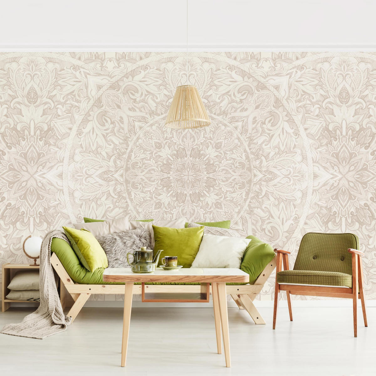 FOTOTAPETE Mandala Aquarell Muster Ornament beige 288/190 cm - Eichefarben, Papier (288/190cm) - Bilderwelten